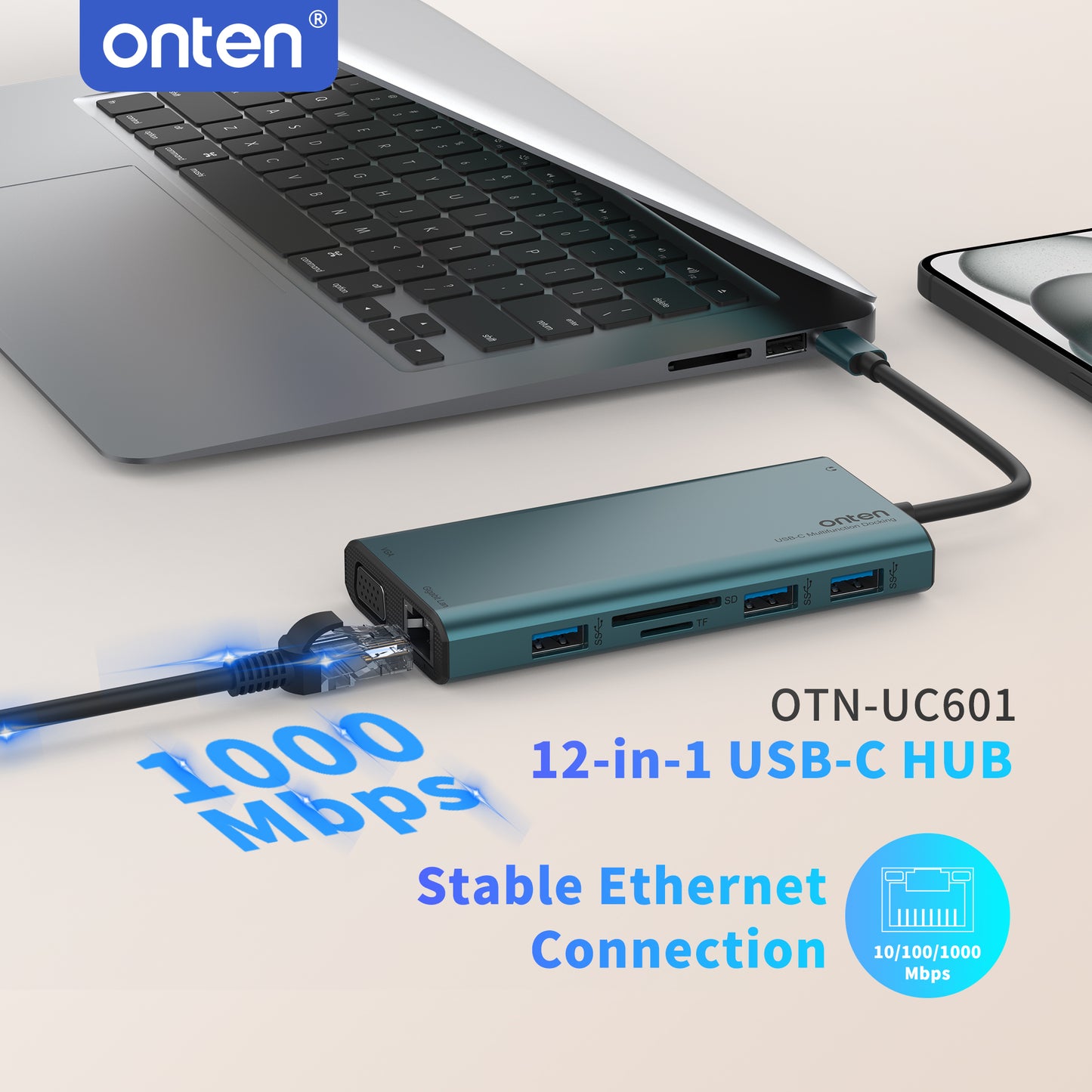 Onten USB C Hub 12in1, Docking Station mit 2X HDMI 4K, 100W Power Delivery, 3X USB 3.0, Gigabit LAN, VGA 1080P, SD/TF Kartenleser, Audio – MacBook Pro/Air, Windows, Tablets