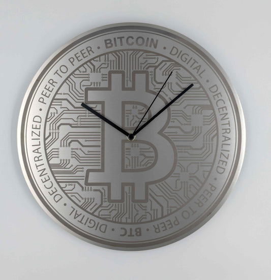 Wanduhr aus Edelstahl - Bitcoin Motiv